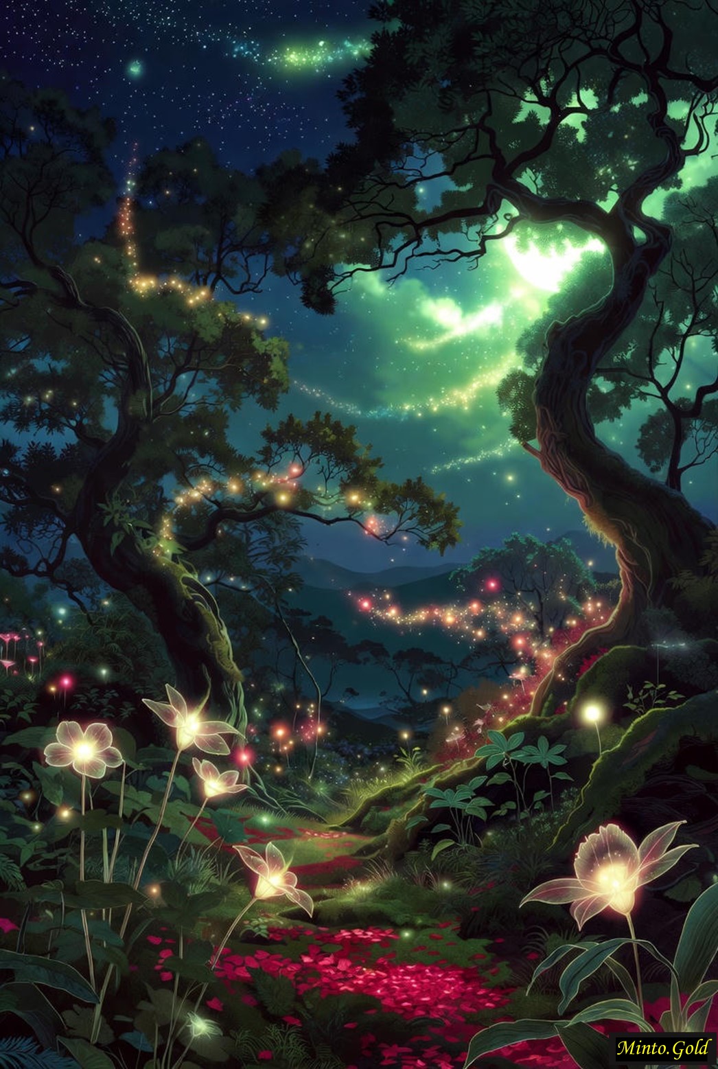 High-level digital art forest portal crimson path, Minto.Gold ambassador status $120 digital artwork, mystical valley community growth vision.