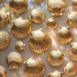 High-level digital art solid gold scallop shells, Minto.Gold $120 ambassador status luxury asset, golden harvest community growth masterpiece.