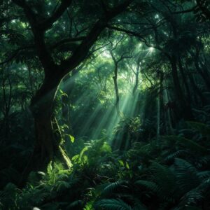 High-level digital art of a lush emerald green forest with radiant light breakthrough, Minto.Gold Ambassador Grandeur tier asset, $120 community growth final chapter art, vibrant nature cathedral digital masterpiece, premium rewards eligibility artwork.