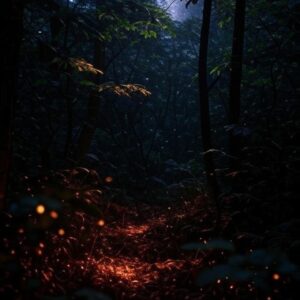 High-level digital art of a starry galaxy sky over a glowing crimson forest, Minto.Gold Ambassador tier art acquisition, $120 community partner plan digital artwork, celestial landscape with copper embers, visionary community growth and rewards asset.