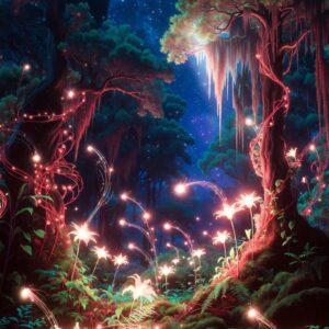 High-level digital art glowing forest flowers Minto.Gold, $120 ambassador status kinetic light trails, neon woodland community growth asset.