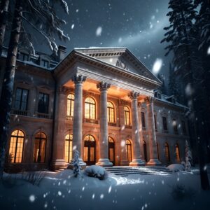 A grand neoclassical stone mansion with large columns and illuminated windows at night, surrounded by snow and evergreen trees during a snowfall.