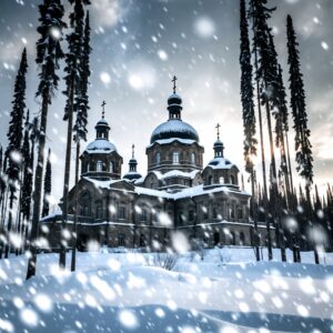 A massive stone mansion with dark domes and spires standing in a deep snowfield during a heavy blizzard with tall thin pine trees.
