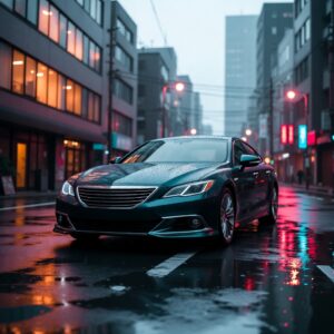 Sleek teal metallic luxury sedan parked on a wet city street at night with colorful neon signs and building lights reflecting in the puddles.