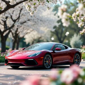 Glossy red luxury supercar parked on a sunlit path under white flowering trees in a park setting.