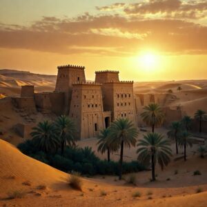 A large sandstone fortress with multiple towers and palm trees located in the middle of vast desert sand dunes under a bright setting sun.