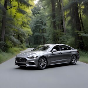 Sleek silver luxury sport sedan driving on a winding road through a dense green forest with tall pine trees.