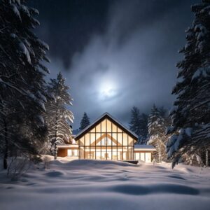 A modern luxury house with large glass walls glowing with warm light at night in a snowy pine forest under a bright moon.