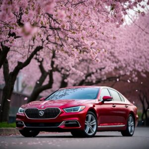 Bright red metallic luxury executive sedan parked on a clean street under a canopy of blooming pink cherry blossom trees.