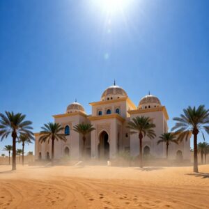 A grand white stone palace with multiple domes and arched doorways located in a sandy desert under a bright blue sky and harsh midday sun.