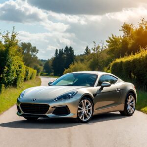 Champagne-gold luxury sport coupe parked on a narrow paved road surrounded by green bushes and trees under a cloudy sky.