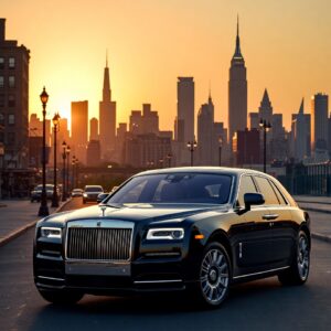 A black and silver ultra-luxury executive sedan parked on a wide New York City street with the Empire State Building and skyscrapers silhouetted against a golden sunset.