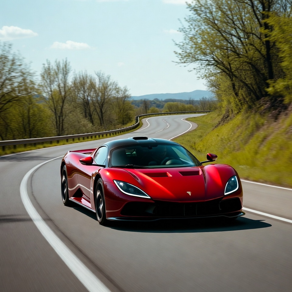 A vibrant red metallic hypercar driving fast on a winding mountain road surrounded by green trees under a clear blue sky.