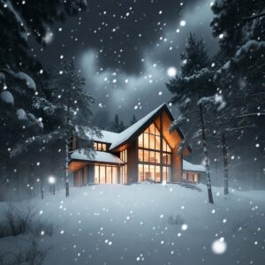 A modern luxury chalet with large glass windows glowing with warm light, situated in a dark, snowy pine forest during a heavy snowfall at night.