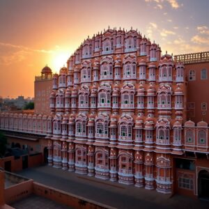 A towering five-story pink sandstone palace with hundreds of small, intricate arched windows and domes under a soft orange sunset sky.