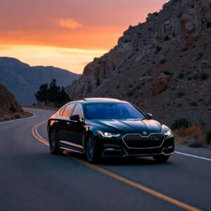 Black luxury sport sedan driving on a winding mountain road during a vibrant orange and purple sunset.