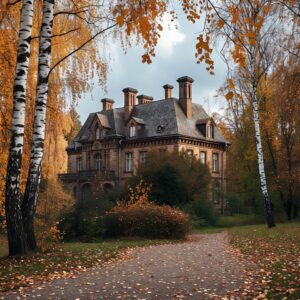 A grand brick mansion with several chimneys and a slate roof, surrounded by yellow autumn trees and white-barked birch trees along a leaf-strewn path.