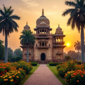 A grand, symmetrical South Asian palace with multiple domes and balconies, fronted by a brick path and marigold gardens under a setting sun.