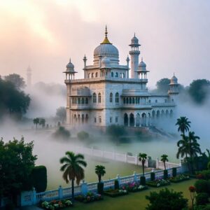 A grand white marble palace with a central dome and minarets, surrounded by palm trees and gardens in a thick white morning mist.