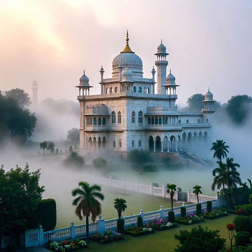 A grand white marble palace with a central dome and minarets, surrounded by palm trees and gardens in a thick white morning mist.