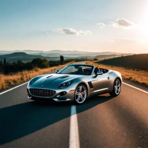 Sleek silver luxury roadster parked in the middle of a sunlit desert highway with mountains in the background under a clear sky.