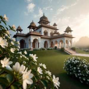 A grand white marble palace with intricate arches and domes, viewed from a lawn with white flowering bushes under a soft, misty morning sky.