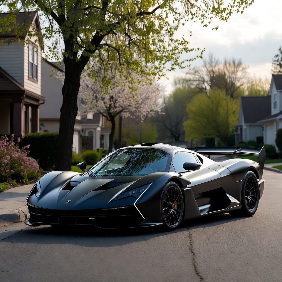 Aggressive matte-black hypercar with a large rear wing parked on a quiet residential street under green trees during twilight.