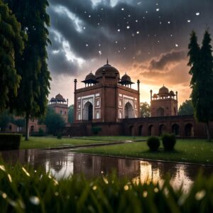 A grand red sandstone building with domes and arches, reflected in a wet stone path during a rainstorm at sunset with dark clouds.