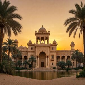 A grand sandstone palace with domes and arched galleries reflected in a calm pool of water, surrounded by palm trees under a bright yellow sunset sky.