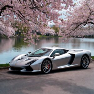 Sleek silver luxury hypercar parked on a paved path next to a calm lake under blooming pink cherry blossom trees.