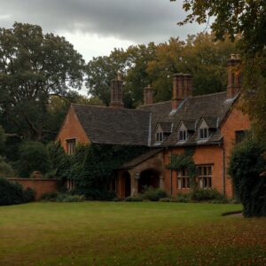 A historic red-brick Tudor-style mansion wing with ivy-covered walls and decorative chimneys, set against a backdrop of autumn trees and a green lawn.