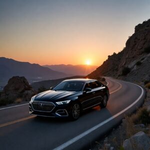 Black luxury executive sedan driving on a winding mountain road with a bright sun rising over desert peaks in the background.