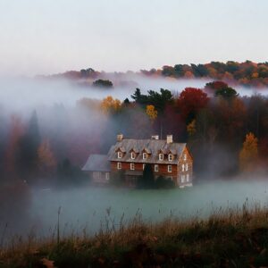 A large wooden country house with multiple windows and chimneys partially obscured by thick white morning mist, with a colorful autumn forest on the hillside behind it.