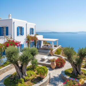 Luxury white Greek villa with blue shutters overlooking the Aegean Sea, featuring a stone patio with olive trees and pink bougainvillea under a clear blue sky.