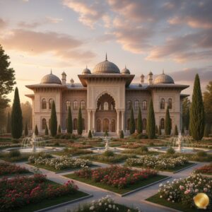 Grand Ottoman-style palace with large domes and arched windows, surrounded by a symmetrical garden of red and white roses and multiple water fountains at sunset.