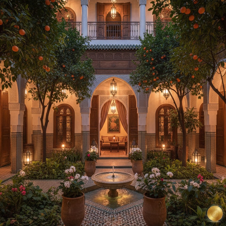 Intimate Moroccan Riad courtyard at night with a central stone fountain, orange trees, intricate mosaic floor tiles, and warm glowing lanterns under arched doorways.