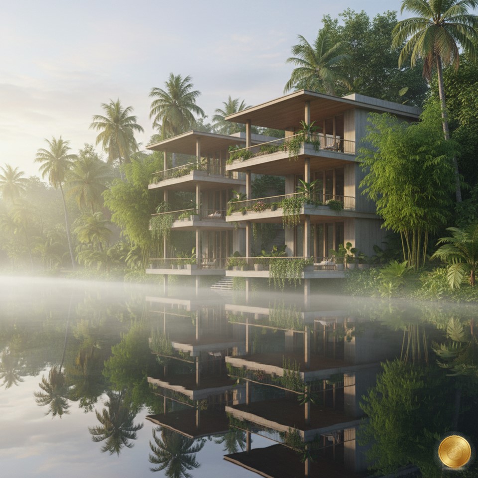 Modern multi-story concrete villa with greenery on balconies, reflected in a misty jungle lake surrounded by palm trees and bamboo at sunrise.