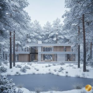 Modern two-story glass and concrete villa with wood accents, surrounded by snow-covered pine trees and a frozen pond under a gray winter sky.