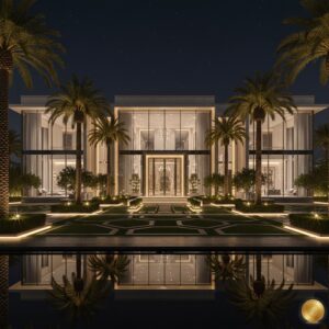 Symmetrical ultra-modern glass mansion glowing with warm light at night, reflected in a still pool and surrounded by tall palm trees under a starry sky.