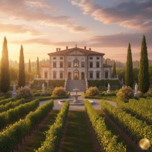 Grand Italian Renaissance villa overlooking a lush vineyard with a central fountain, classical statues, and tall cypress trees under a golden sunset sky.