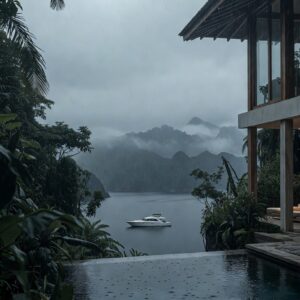 A modern luxury villa with an infinity pool overlooking a tropical bay in the rain, with a white yacht in the water and misty mountains in the background.