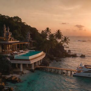 A luxury cliffside villa with a curved infinity pool and a private pier leading to a white yacht at sunset, overlooking a tropical ocean.