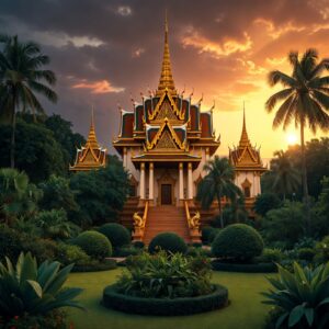 A grand Southeast Asian palace with tall golden spires and multi-tiered roofs, surrounded by lush tropical gardens and palm trees at sunset.