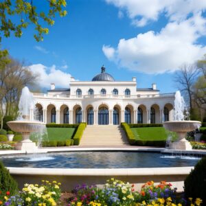 A grand white neoclassical mansion with a central dome and large fountain in the foreground, surrounded by colorful spring flowers under a clear blue sky.