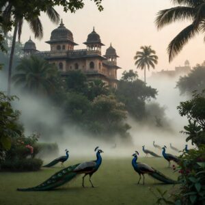 A grand stone palace with domes and arches emerging from a thick white mist, with several peacocks standing on a green lawn in the foreground.