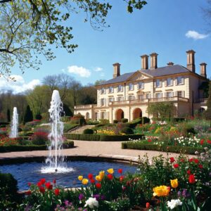 A grand cream-colored neoclassical mansion with a fountain in the foreground, surrounded by a large garden of red and yellow tulips under a clear blue sky.