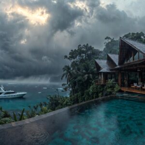 A grand wooden villa with multiple pitched roofs and a large infinity pool overlooking a misty tropical ocean during a rainstorm with a yacht in the distance.