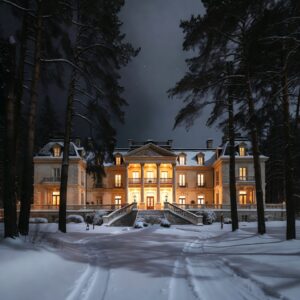 A grand white neoclassical mansion with lit windows at night, surrounded by snow and dark pine trees under a clear night sky.