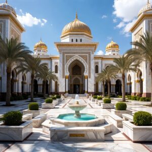 A grand white marble courtyard with a central turquoise fountain and golden domes, flanked by palm trees under a clear blue sky.