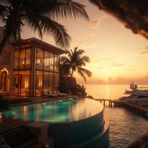 A modern glass and stone villa with a curved infinity pool and a private pier leading to a yacht at sunset, framed by palm trees and dark foreground textures.
